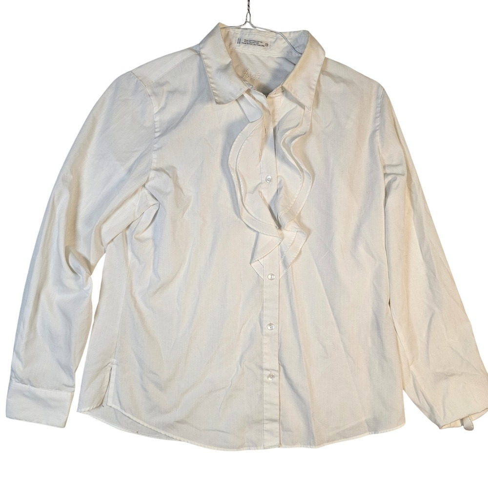 Foxcroft White Ruffle Front Button Down Long Sleeve Shirt Size 10